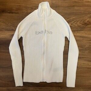 bebe Sweater Jacket Womens L White Full Zip Mock Neck Ribbed Rhinestonewh